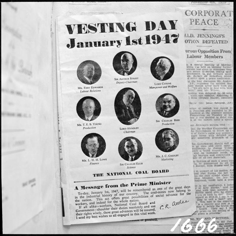 Black and white film negative showing a page out of a nationalisation publication.  Page is entitled 'Vesting Day January 1st 1947'.