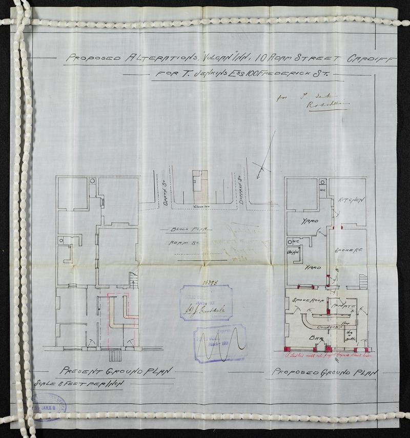 Digital scan of architectural plans from 1901 of The Vulcan Hotel, Adam Street, Cardiff. Labelled ' Proposed alterations, Vulcan Inn, 10 Adam Street, Cardiff. For T. Jenkins Esq, 100 Frederick Street'. Submitted as part of Planning Application. Approved January 1901.