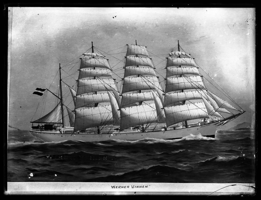 Photograph of a painting showing a starboard broadside view of the four-masted barque WERNER VINNEN.  Title of painting - WERNER VINNEN.



Broken glass negative.