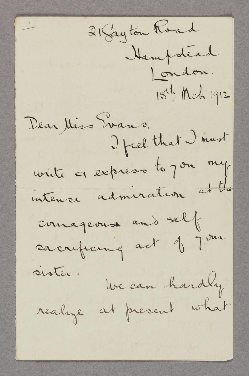 Letter written by Mary E. Griffiths to the sister of Kate Williams Evans on March 15th 1912 concerning the latter's imprisonment
