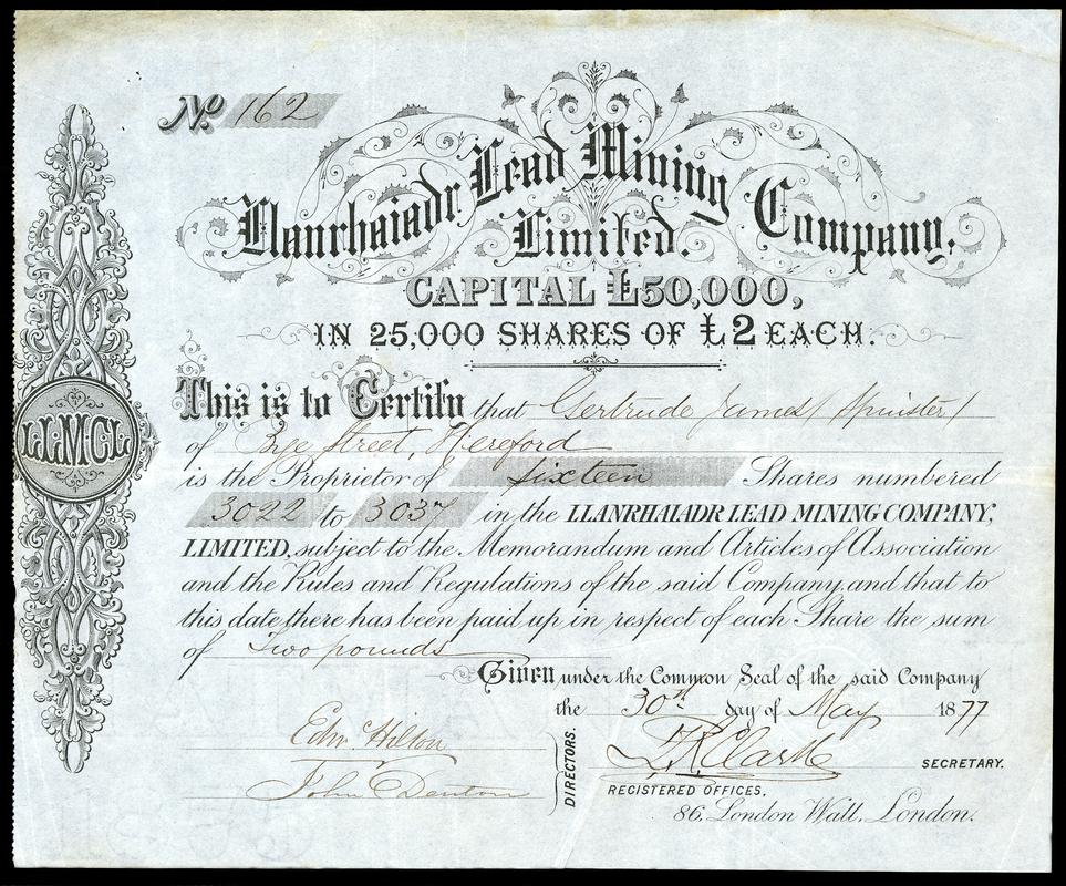 Share Certificate "Llanrhaiadr Lead Mining Company Limited"