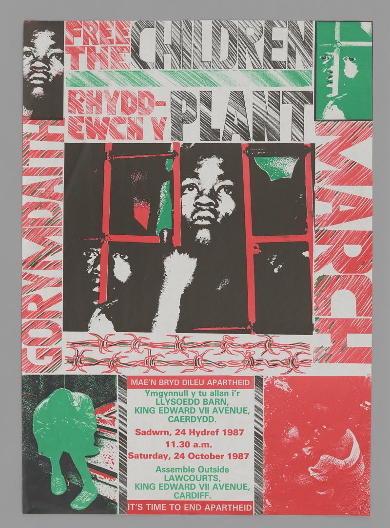 Poster Wales Anti-Apartheid movement - 'Free the Children / Rhyddewch y Plant', 1987.