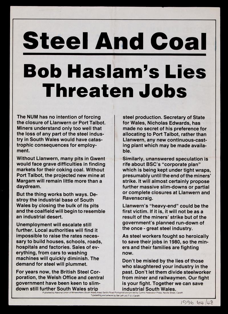 Handbill : " Steel & Coal ; Bob Haslam's Lies & "