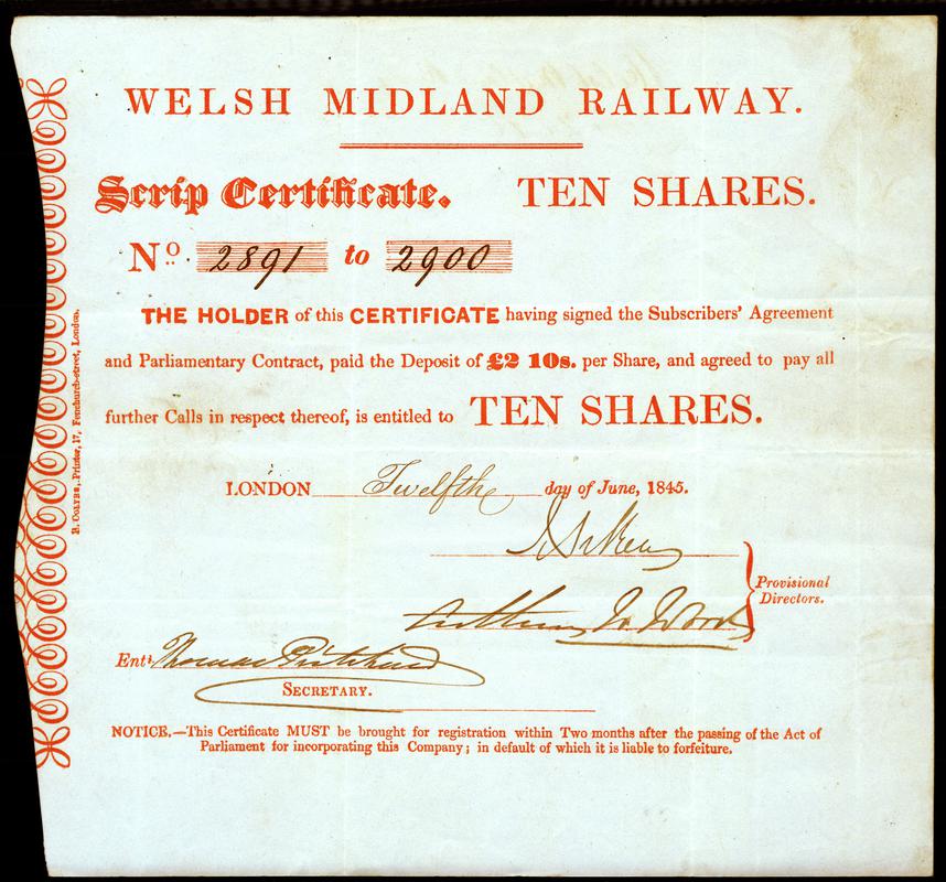 Share Certificate "Welsh Midland Railway"