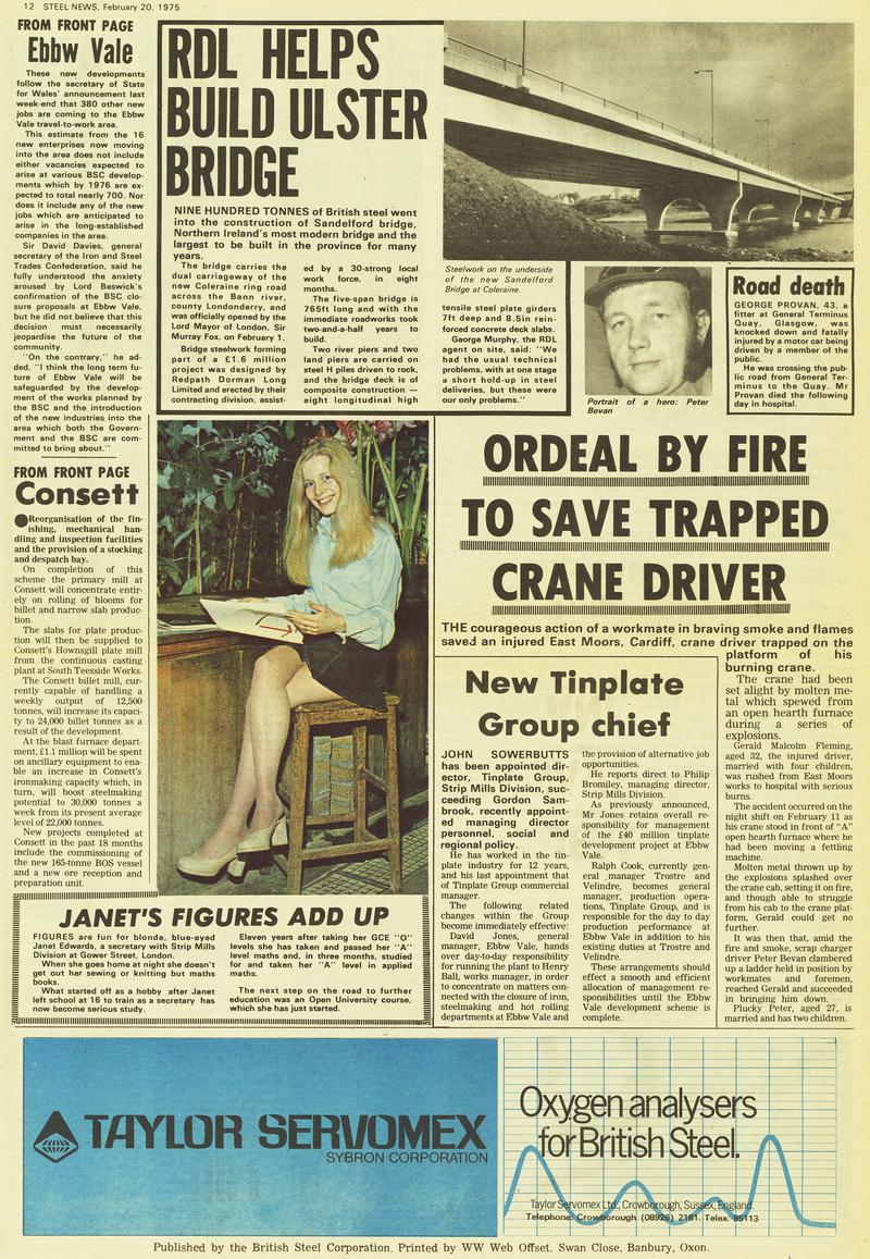 Steel News , Feb 20, 1975 [back page] article "Ordeal by Fire to Save Trapped Crane Driver" with photograph of Peter Bevan [captioned Portrait of a hero: Peter Bevan]