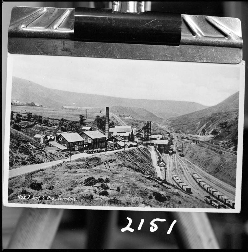 Black and white film negative of a photograph showing a surface view of Ferndale no.2 and no.4 pits.  'Ferndale 2-4' is transcribed from original negative bag.