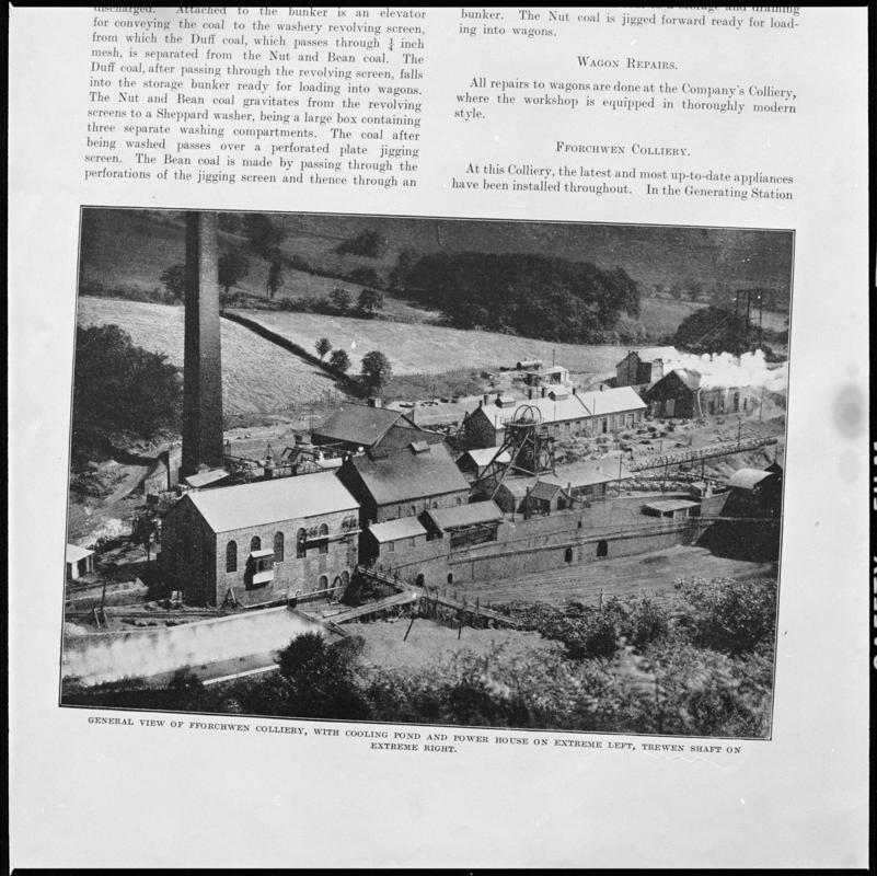 Black and white film negative showing a general view of Fforchwen Colliery, Cwmaman, photographed from a 'South Wales Coalfield' publication.  'Fforchwen Colliery' is transcribed from original negative bag.