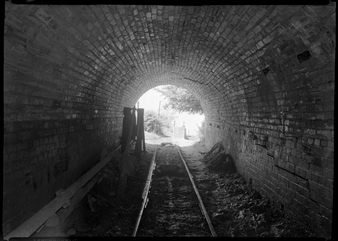 Black and white film negative showing an underground roadway, Blaendare Colliery.  'Blaendare' is transcribed from original negative bag.