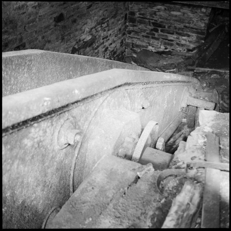 Black and white film negative showing a cast iron beam of a Cornish pumping engine, made by Harvey of Hayle in 1858, situated half way down the No. 2 shaft, Penrhiwceibr Colliery, 8 November 1975.  'Cast Iron Beam Harvey Penrikyber 8/11/75' is transcribed from original negative bag.  Appears to be identical to 2009.3/2849.