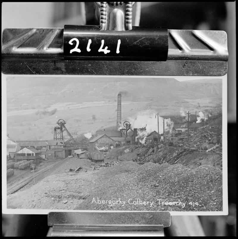 Black and white film negative of a photograph showing a general surface view of Abergorki Colliery, Treorchy.  'Abergorki, Treorchy' is transcribed from original negative bag.