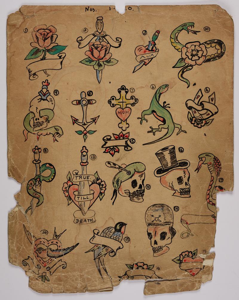 Tattoo flash: Twenty numbered images on card, including  hearts, roses, crosses, snakes, bird, anchor, cross and lizard.