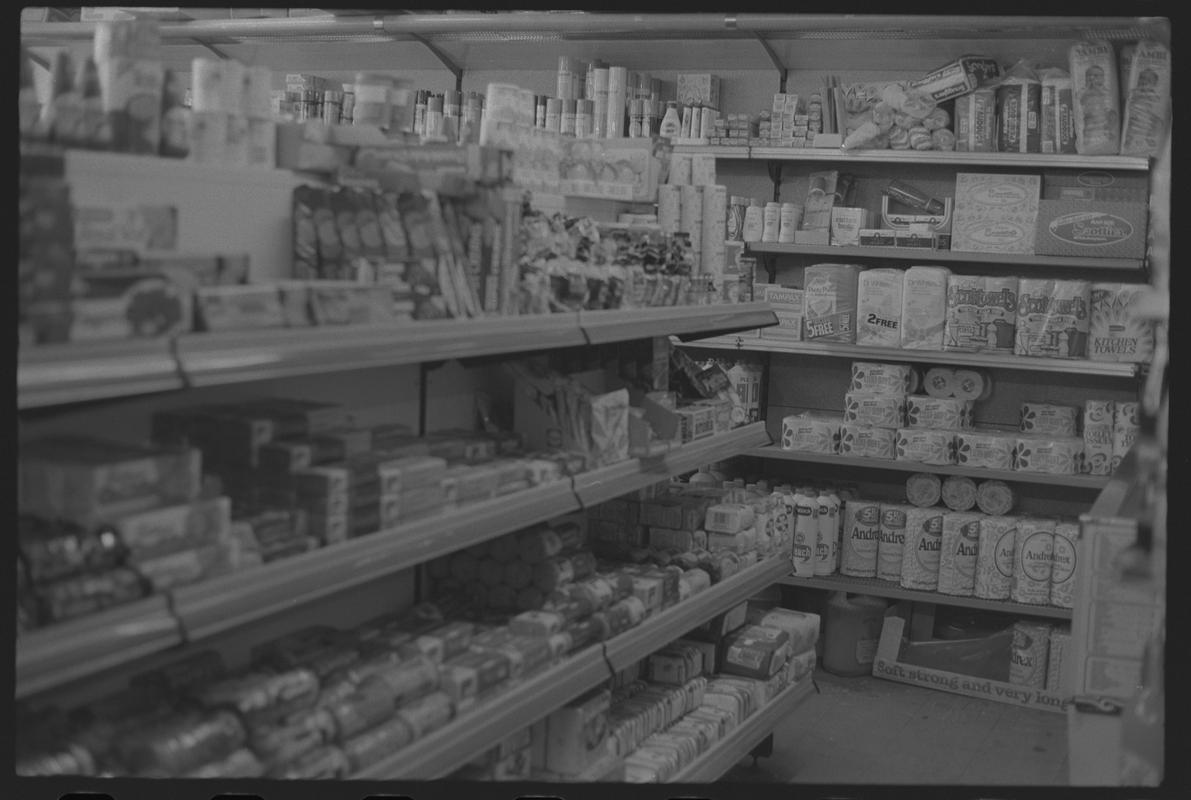 Shelves of goods in supermarket, Loudoun Square, Butetown.