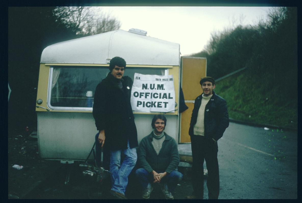 Cwm Colliery miners picketing outside their caravan at an approach road to Aberthaw Power Station