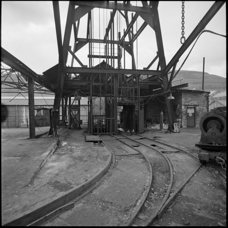 Black and white film negative showing pit top, Deep Navigation Colliery 1980.  'Deep Duffryn and Deep Navigation 1980' is transcribed from original negative bag.  Appears to be identical to 2009.3/2553.