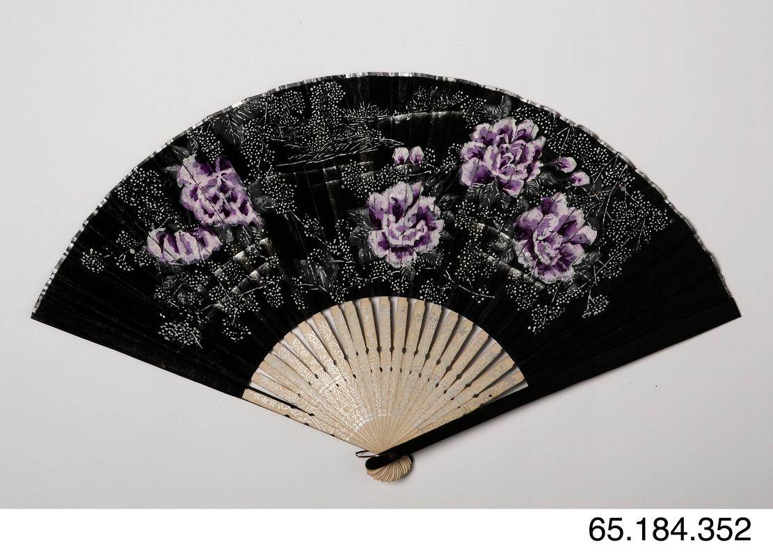 Black paper fan with painted flowers and wooden guards and sticks