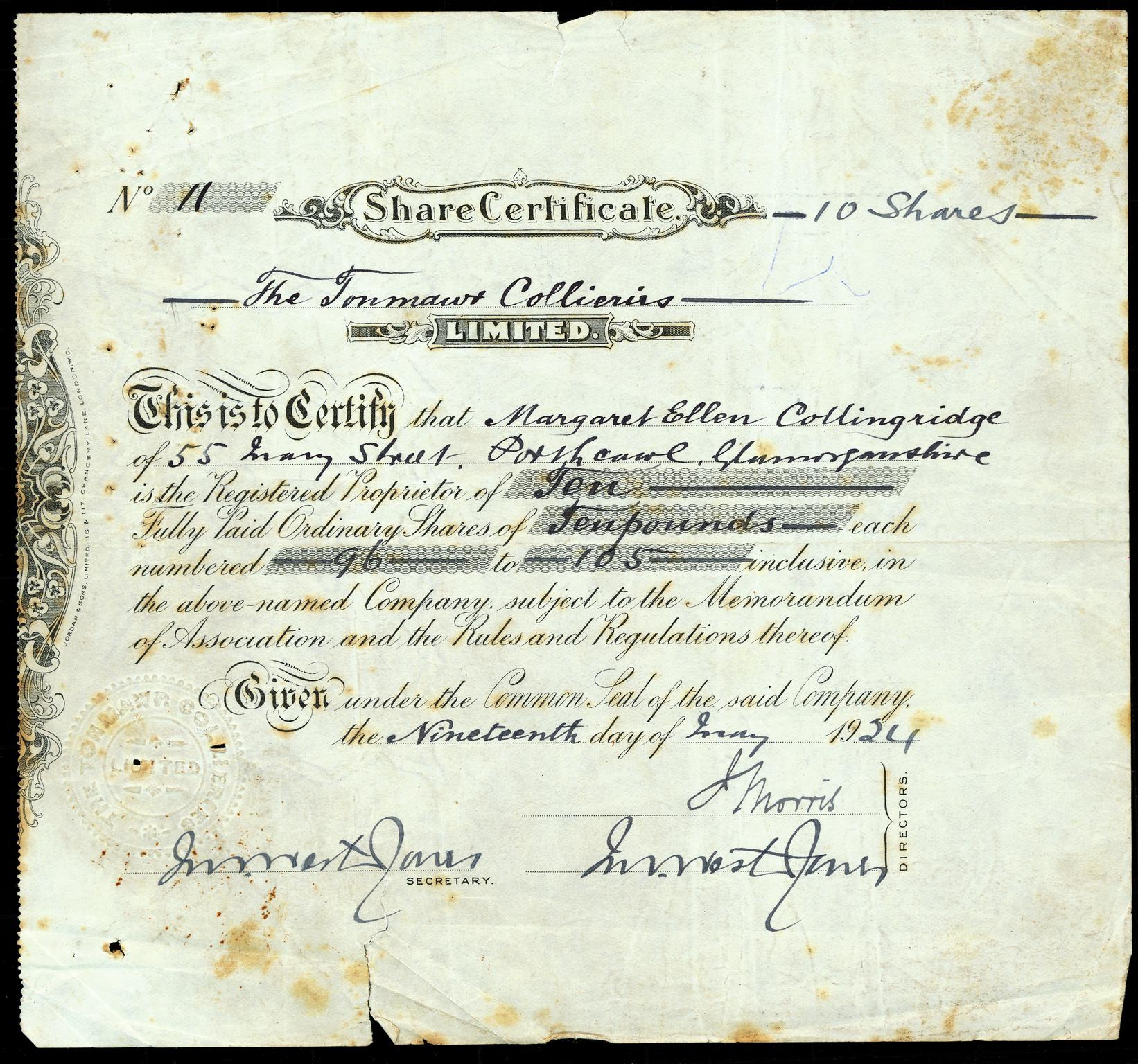 Tonmawr Collieries Limited, share certificate