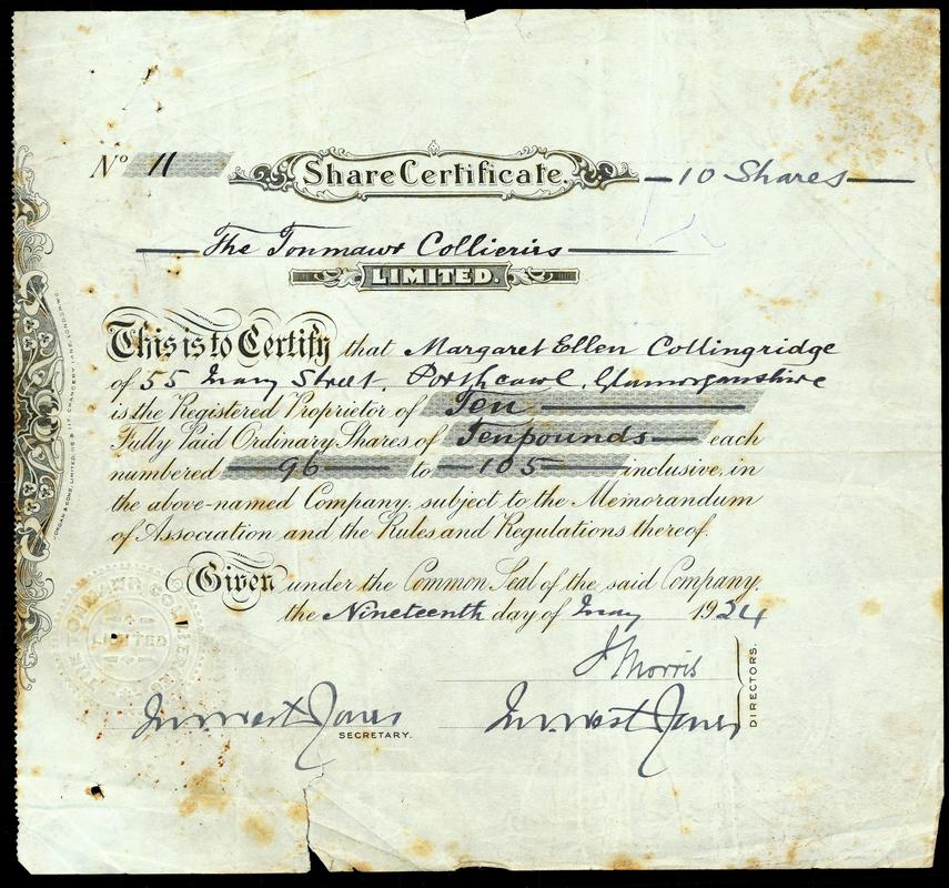 Share Certificate "Tonmawr Collieries, Limited"