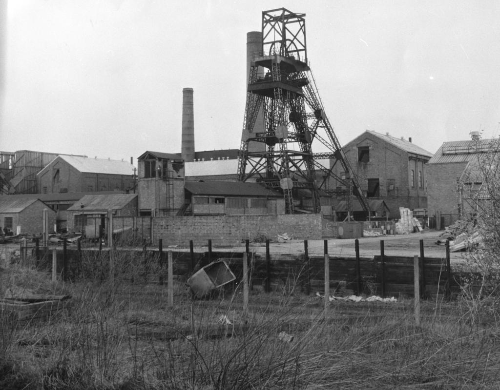 Black and white film negative of a photograph showing a general view of Llay Main Colliery 1969.