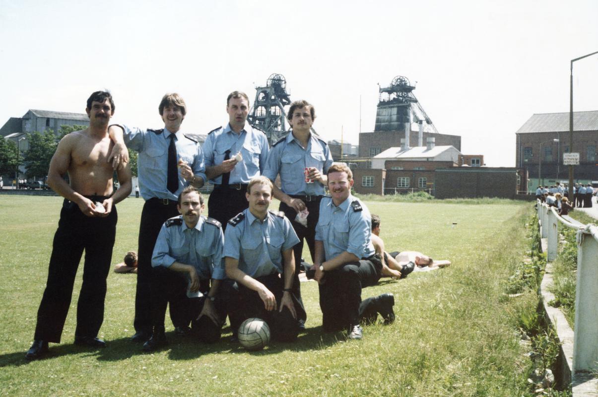 Police officers (H2 PSU Police Support Unit, Swansea Division of South Wales Police) at Creswell Colliery, Derbyshire after a football match during the miners' strike
