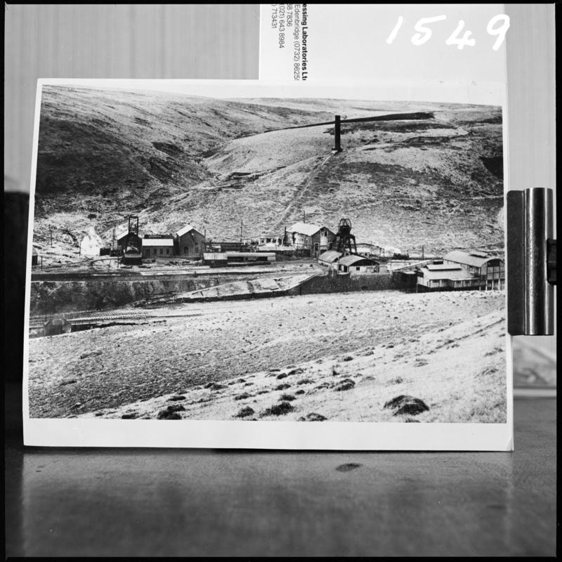 Black and white film negative showing the No. 3 and No. 4 Pits before the extensive modernisation.  The chimney on the hillside was connected to the boilers and was built high up to provide extra draught for the boilers. 'Mardy' is transcribed from original negative bag.