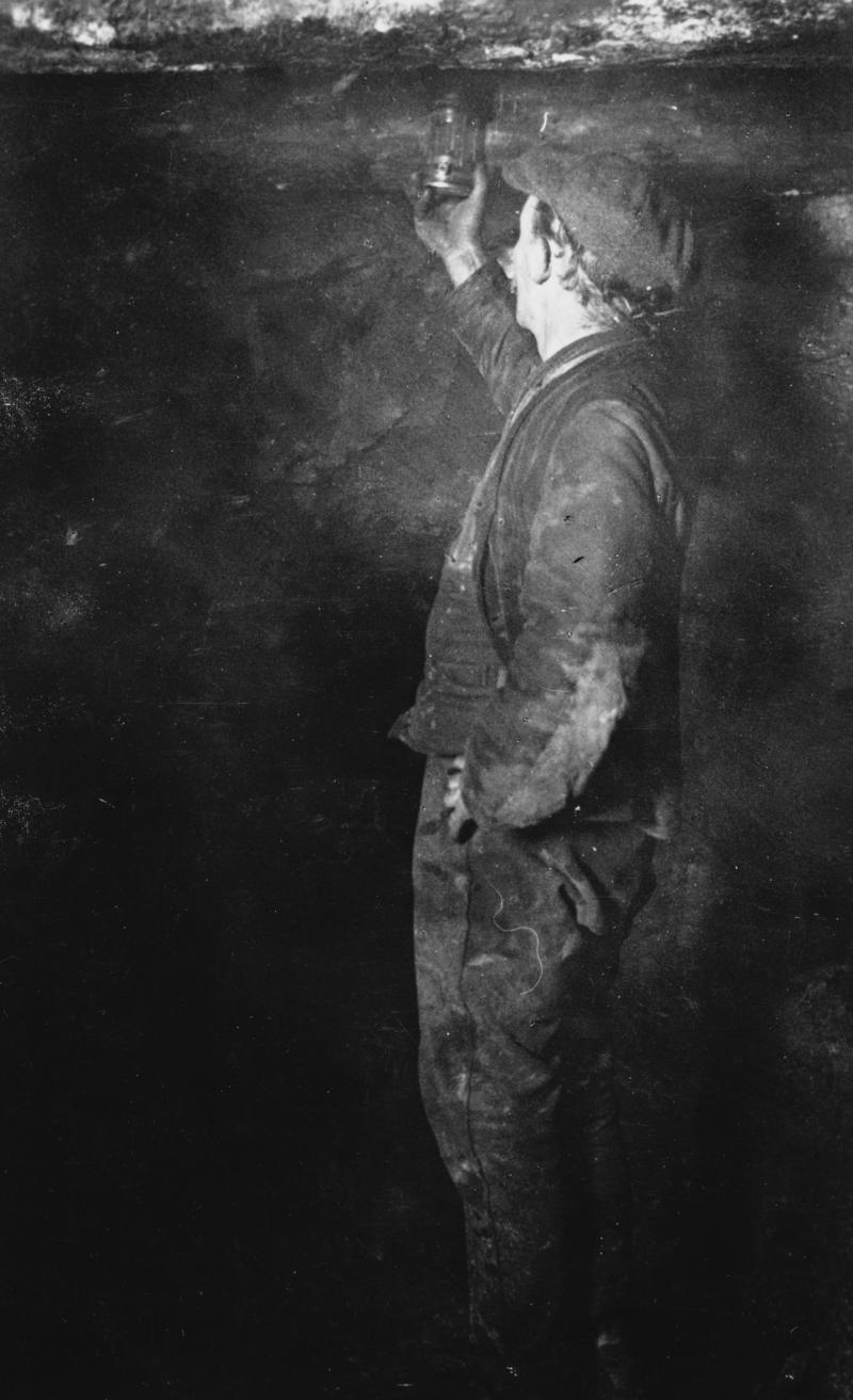 Coal Mining, Fireman searching for Gas (postcard)