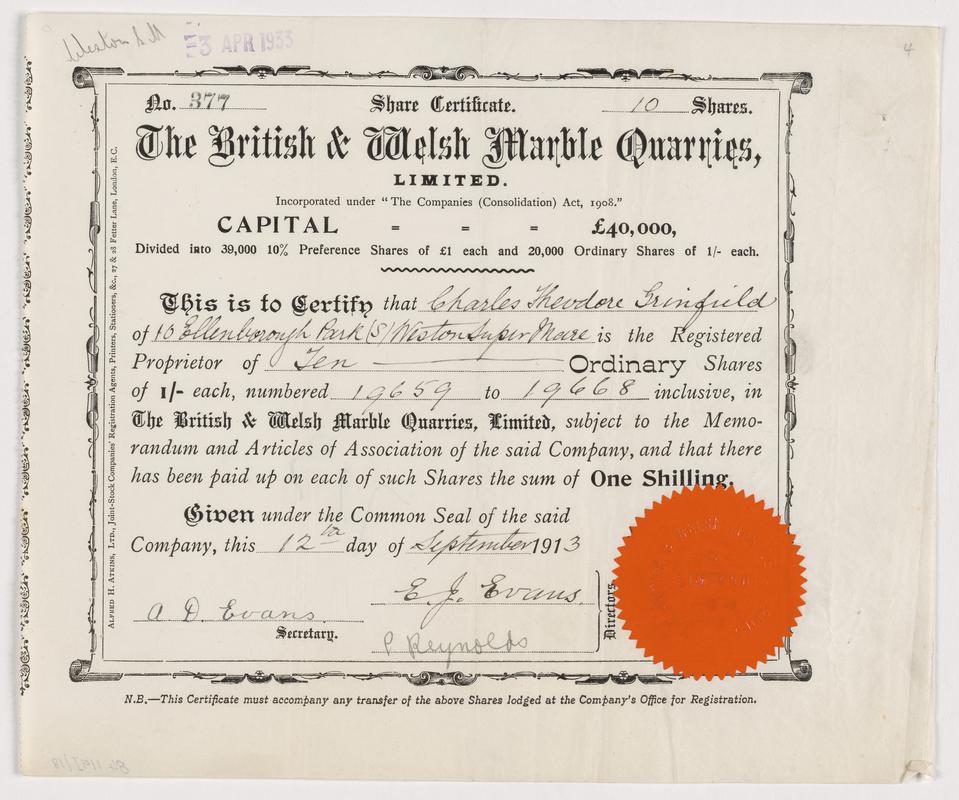 The British and Welsh Marble Quarries Limited, 1/- ordinary shares, 1913