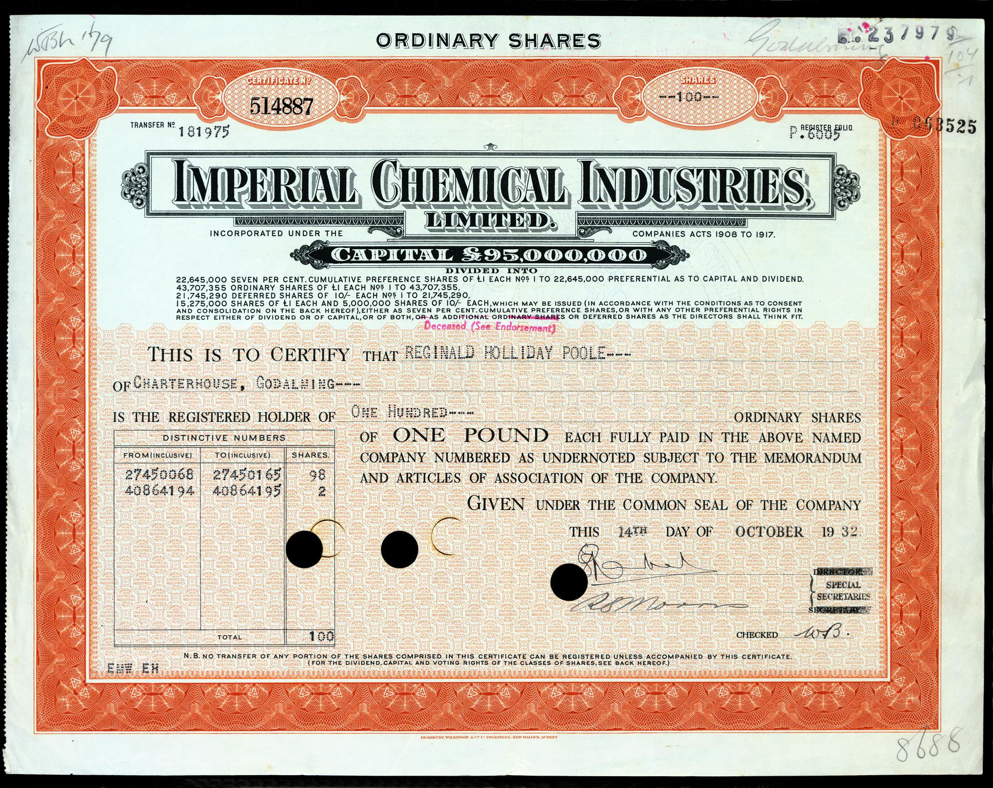 Imperial Chemical Industries Ltd., share cert.