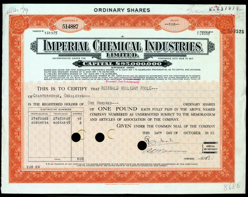 Share Certificate "Imperial Chemical Industries Limited"