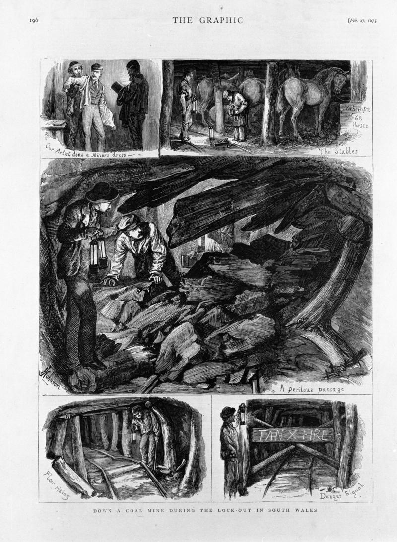 5 illustrations by H. Johnson - "Down a Coal Mine during the Lock Out in South Wales"