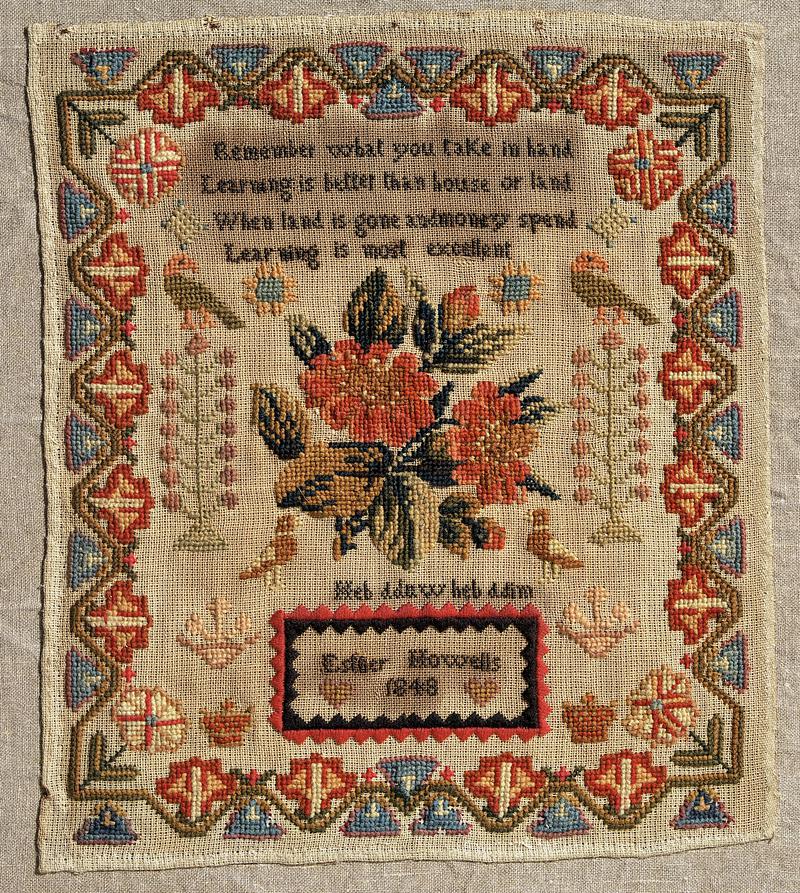 Sampler (verse, Welsh text & motifs), made in Wales, 1848