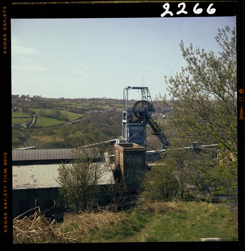 Colour film negative showing a view of the upcast shaft at Oakdale Colliery, 16 April 1981.  'Oakdale 16/4/81' is transcribed from original negative bag.