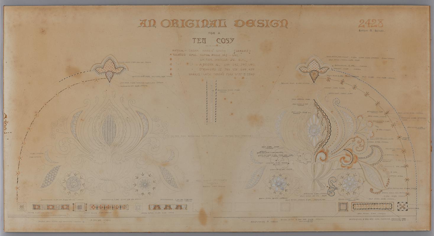 Embroidery pattern for a tea tray, about 1915-19.