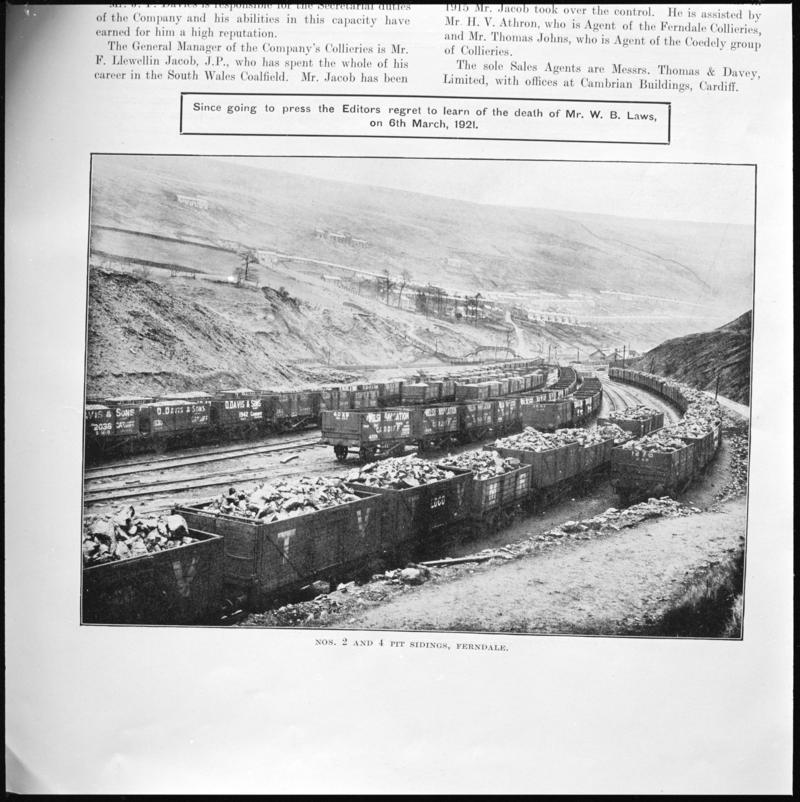 Black and white film negative showing a general surface view of nos.2 and 4 Pit sidings, Ferndale Colliery, photographed from a publication.  'No 2 and 4 pit sidings, Ferndale' is transcribed from original negative bag.