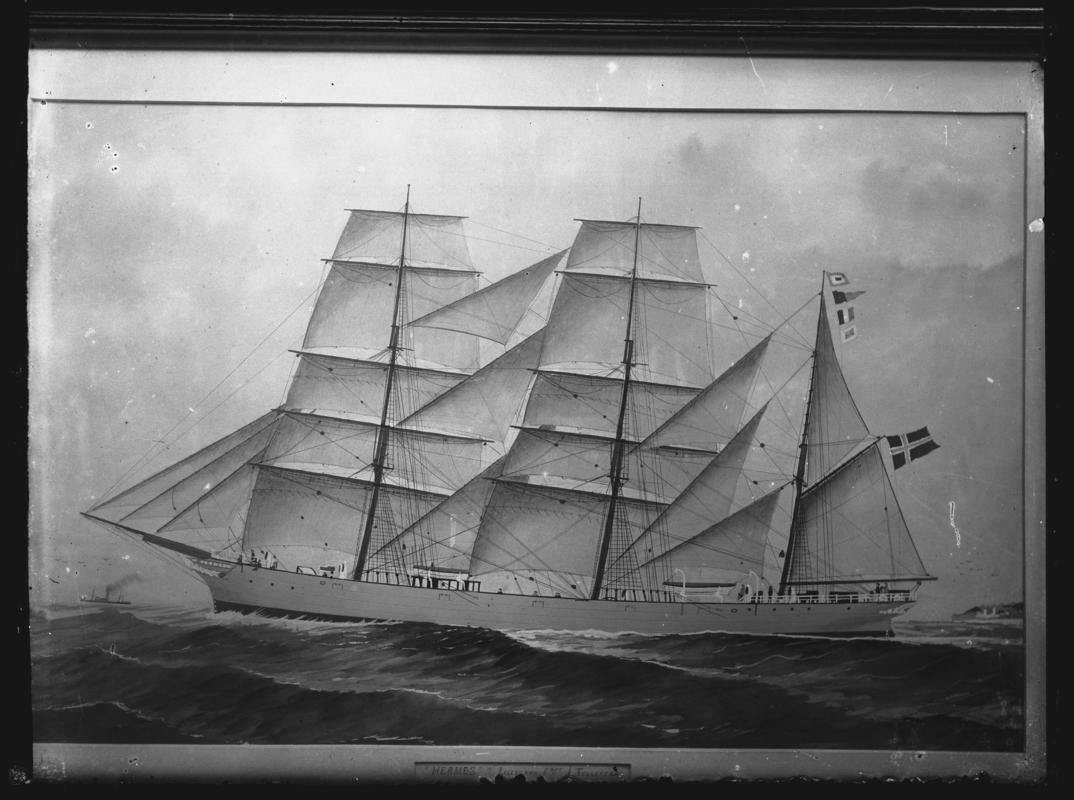 Photograph of a painting showing a port broadside view of the three-masted barque HERMES.