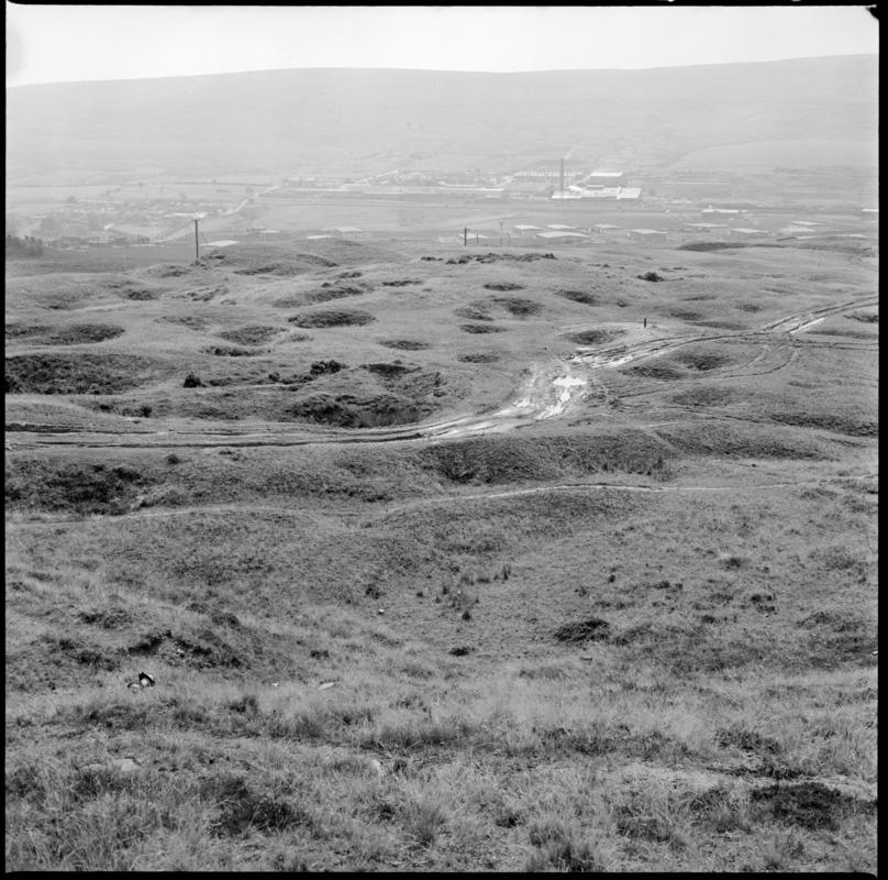 Black and white film negative showing the Blaenavon Bell pits to the north of the furnaces, August 1978.  'Bell Pits, Aug 1978' is transcribed from original negative bag.