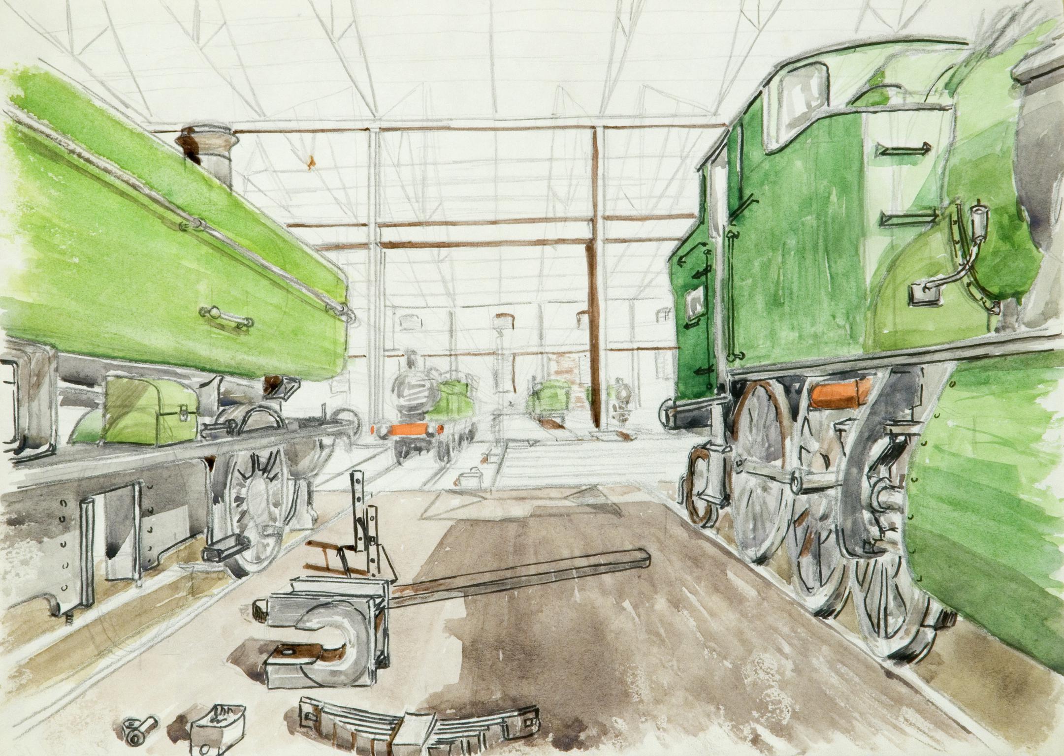Locomotive at works, painting
