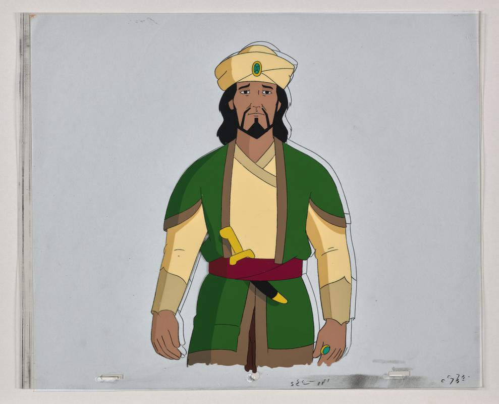 Turandot animation production artwork of the character Calaf. Sketch on paper overlaid with cellulose acetate.