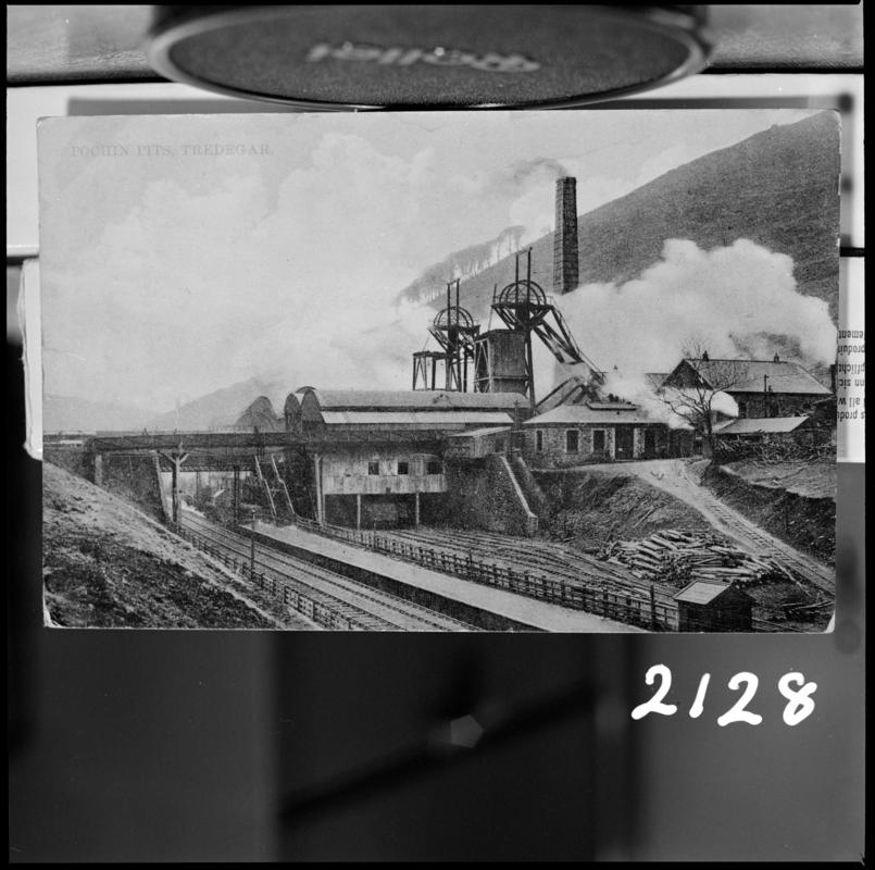 Black and white film negative of a photograph showing a general surface view of Pochin Colliery.  'Pochin' is transcribed from original negative bag.