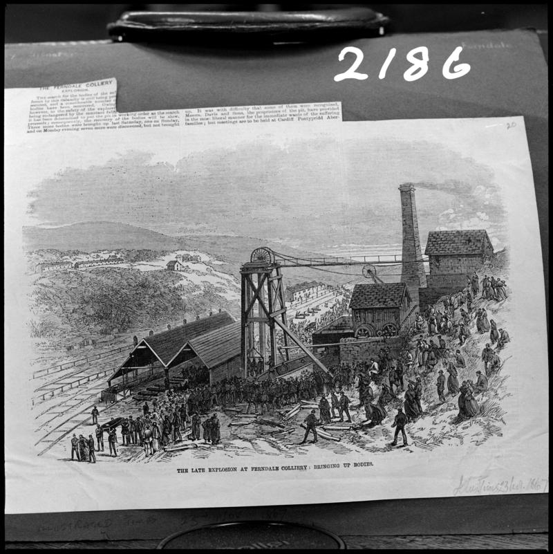 Black and white film negative showing the scene after the Ferndale Colliery explosion of ?10 June 1869, a sketched illustration photographed from a publication.  'Ferndale' is transcribed from original negative bag.