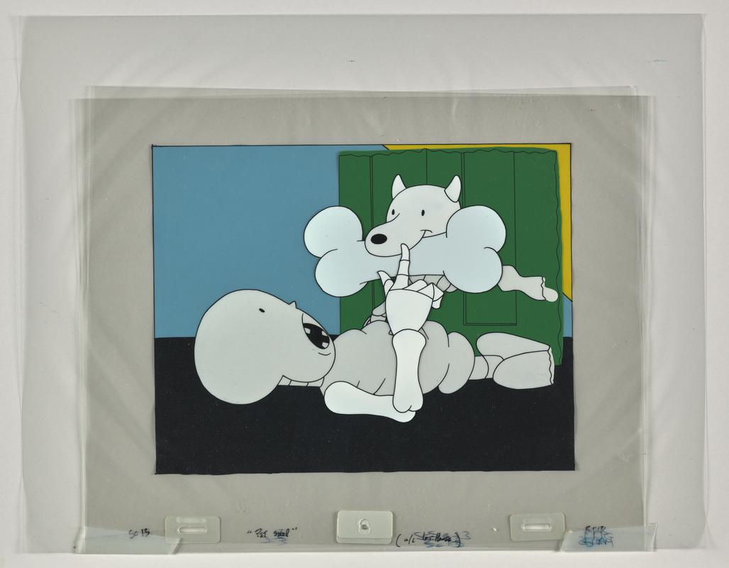 Funny Bones animation production artwork from episode 'The Pet Shop' showing characters Little and Dog. Six sheets of cellulose acetate.