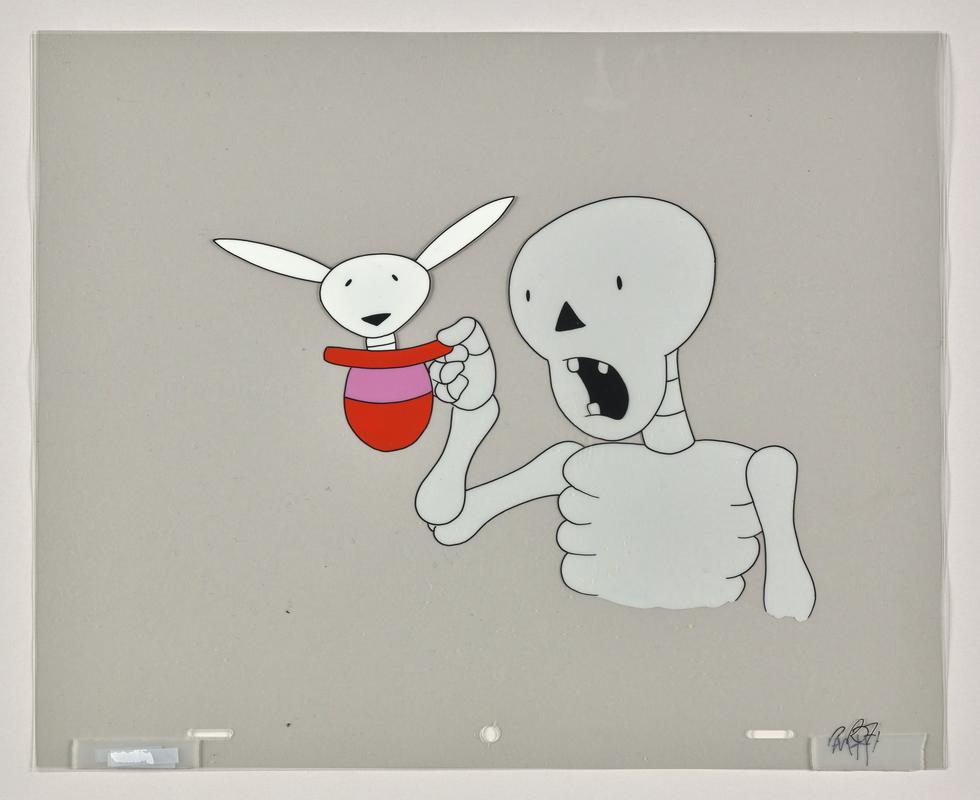 Funny Bones animation production artwork from episode 'Shake, Rattle and Roll' showing the character Big and a rabbit. Three sheets of cellulose acetate.