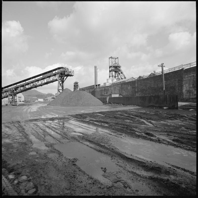 Black and white film negative showing a surface view of Cefn Coed Colliery. 'Cefn Coed' is transcribed from original negative bag.