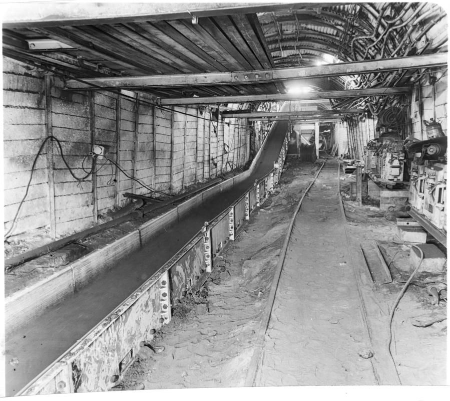An underground view illustrating the installation of skip winding at Marine Colliery.