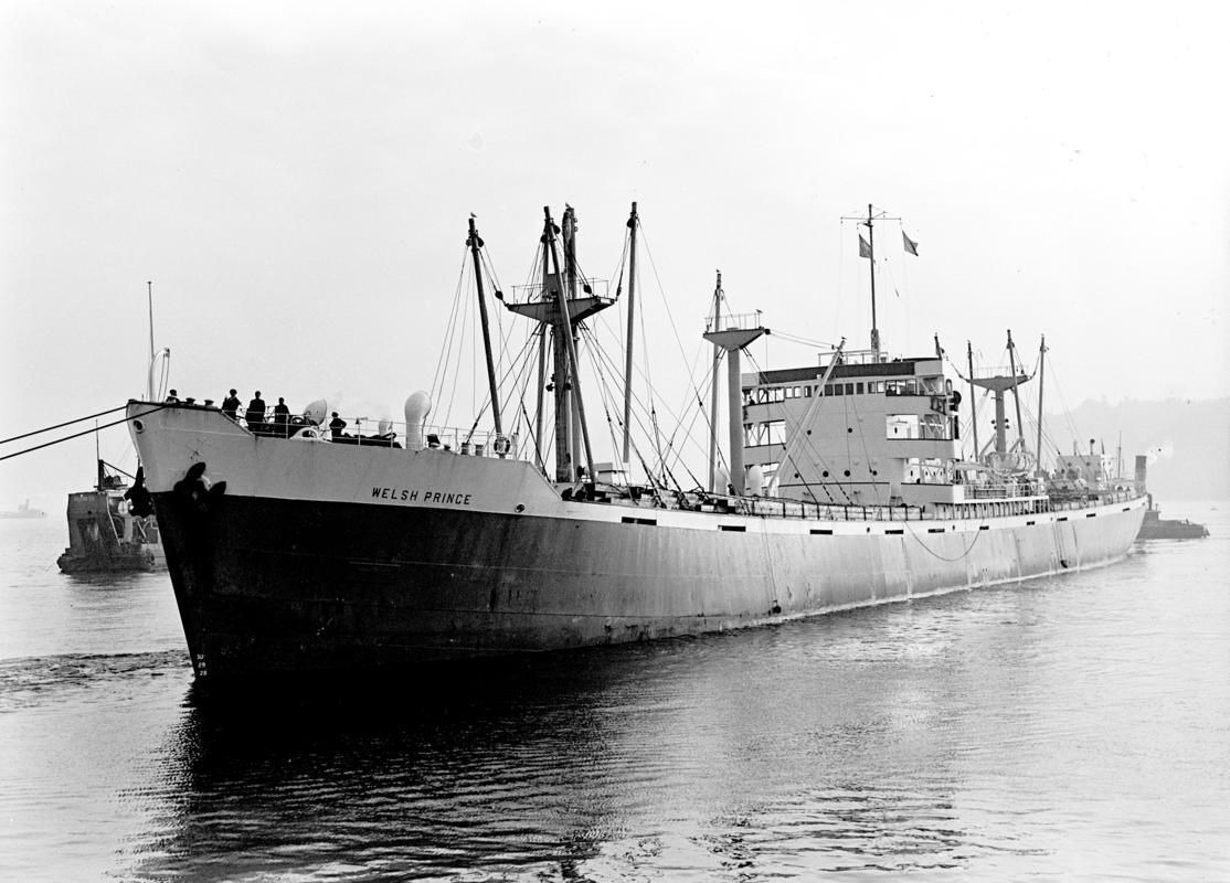 ¾ Starboard bow view of S.S. WELSH PRINCE entering Cardiff Docks.