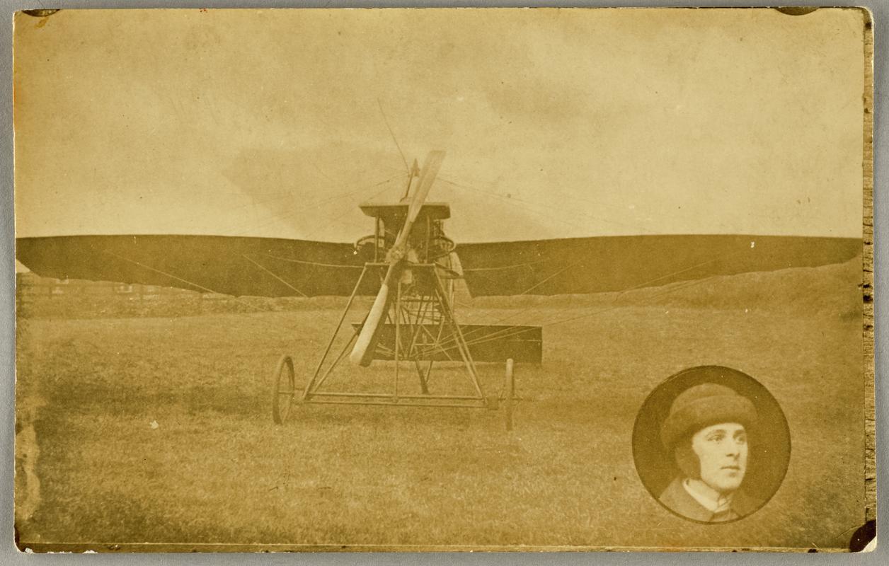 Photograph of C.H. Watkins' monoplane with portrait of Watkins wearing flying hat in inset at bottom right. Annotated on the reverse by Watkins.