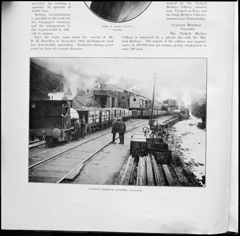 Black and white film negative showing a general view of  Clydach Merthyr Colliery, photographed from a publication. 'Clydach Merthyr Colliery' is transcribed from original negative bag.