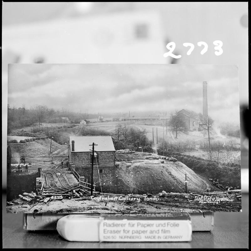 Black and white film negative of a photograph showing a surface view of Coytrahen Colliery, Tondu.  'Coytrahen' is transcribed from original negative bag.