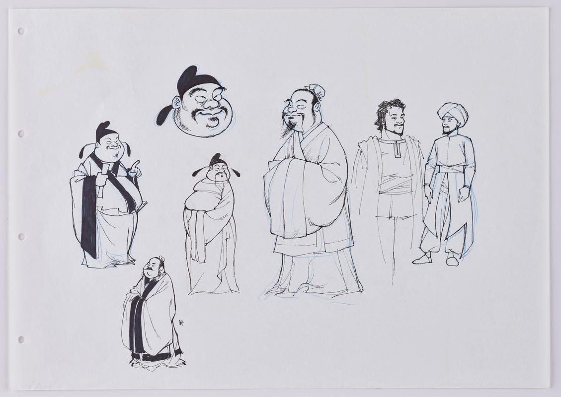 Turandot animation production sketch of ministers and Calaf.