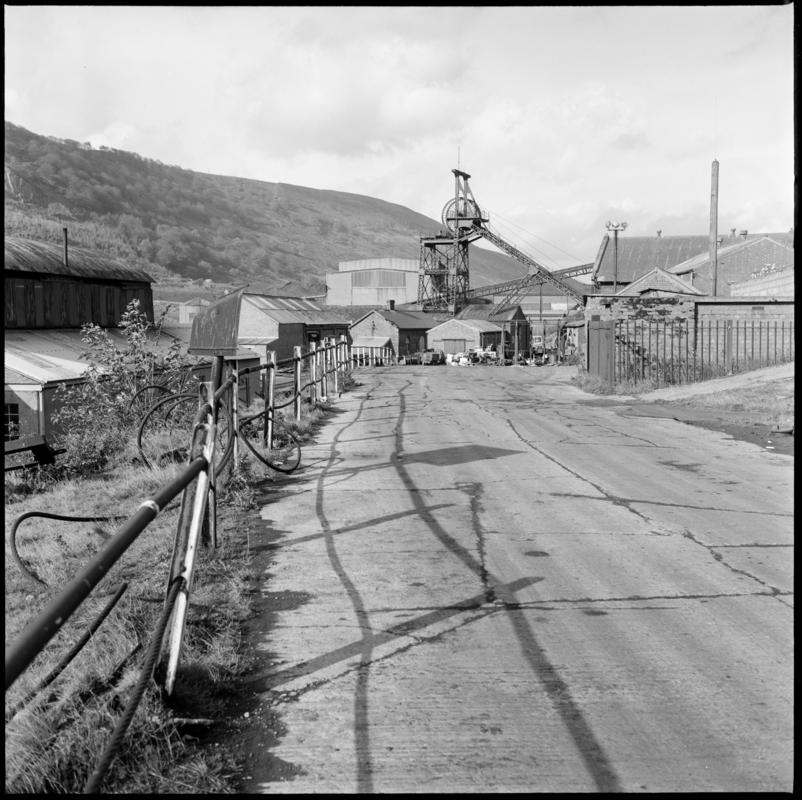 Black and white film negative showing a view of Abertillery New Mine yard, 30 October 1975.  'Abertillery New Mine 30 Oct 1975' is transcribed from original negative bag.