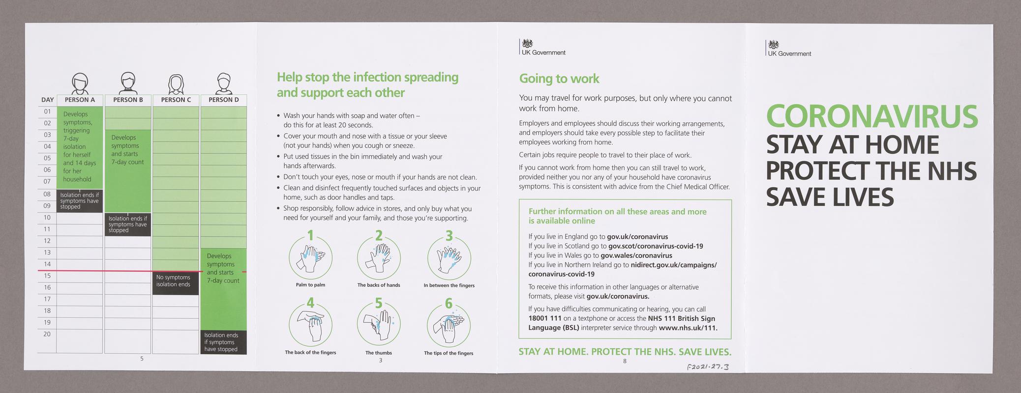 Leaflet 'Coronavirus Stay at Home Protect the NHS Save Lives', sent by UK Government to every UK household in April 2020.